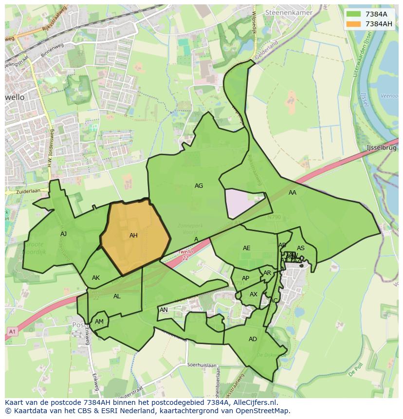 Afbeelding van het postcodegebied 7384 AH op de kaart.