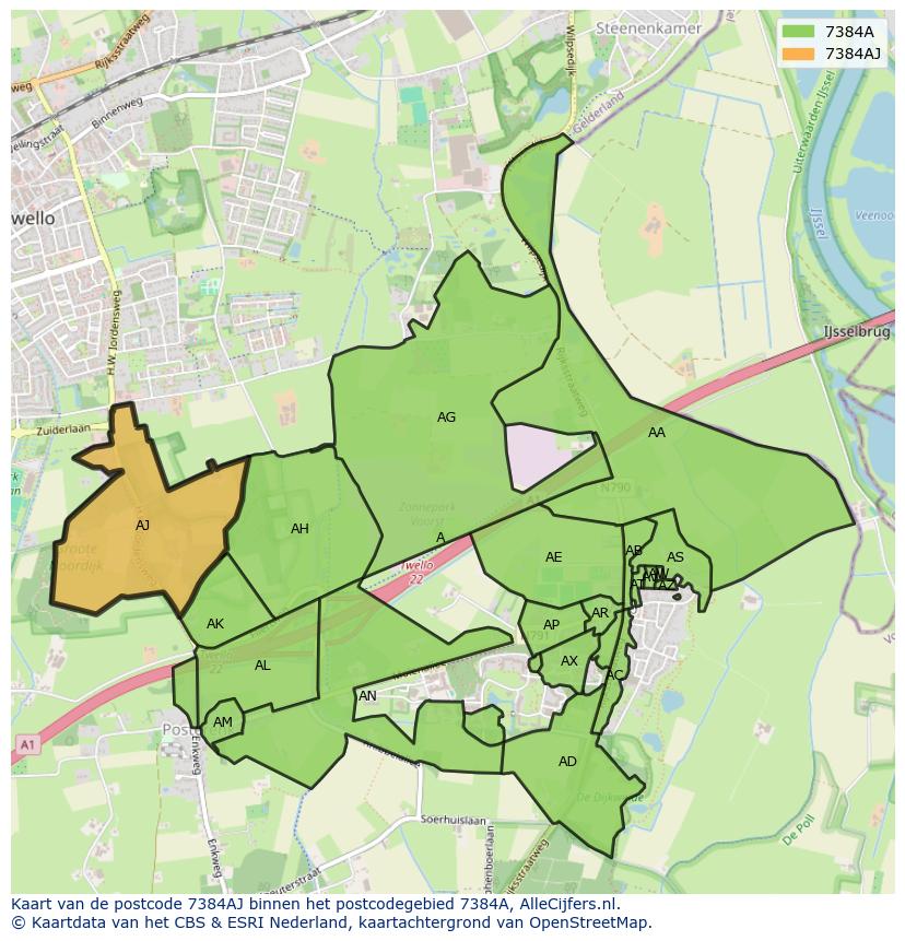Afbeelding van het postcodegebied 7384 AJ op de kaart.