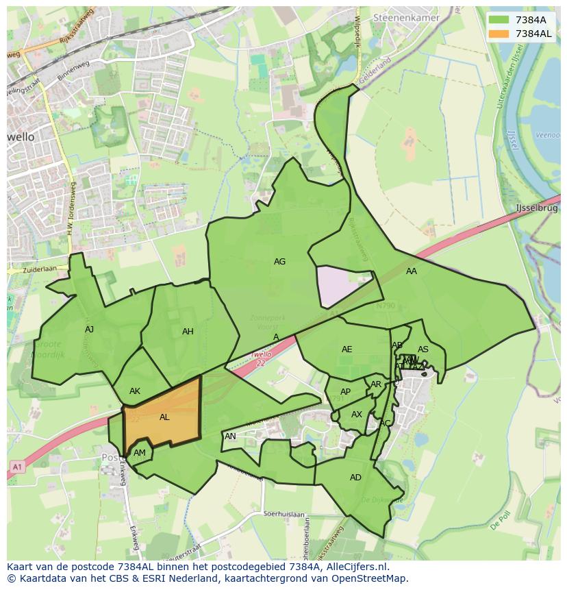 Afbeelding van het postcodegebied 7384 AL op de kaart.