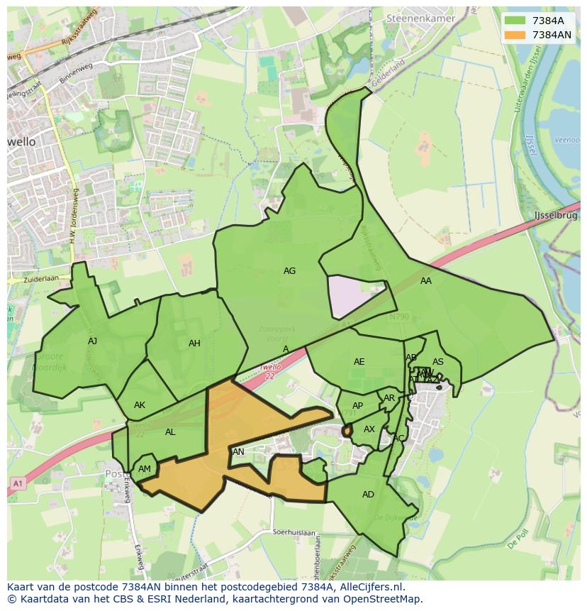 Afbeelding van het postcodegebied 7384 AN op de kaart.