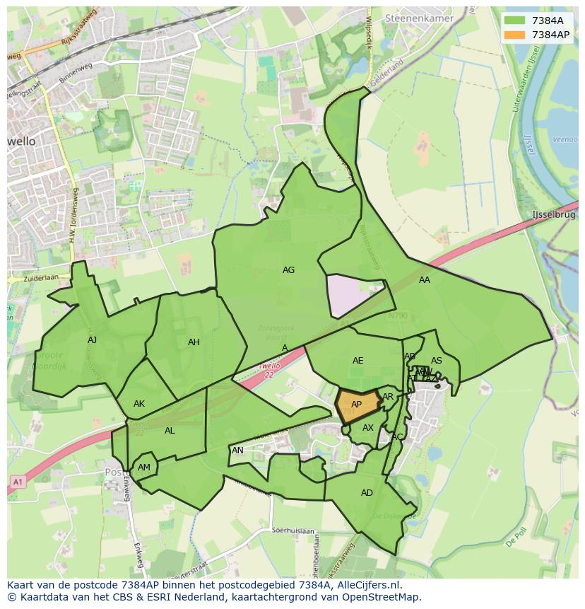Afbeelding van het postcodegebied 7384 AP op de kaart.