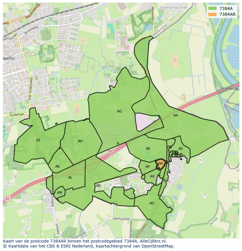 Afbeelding van het postcodegebied 7384 AR op de kaart.