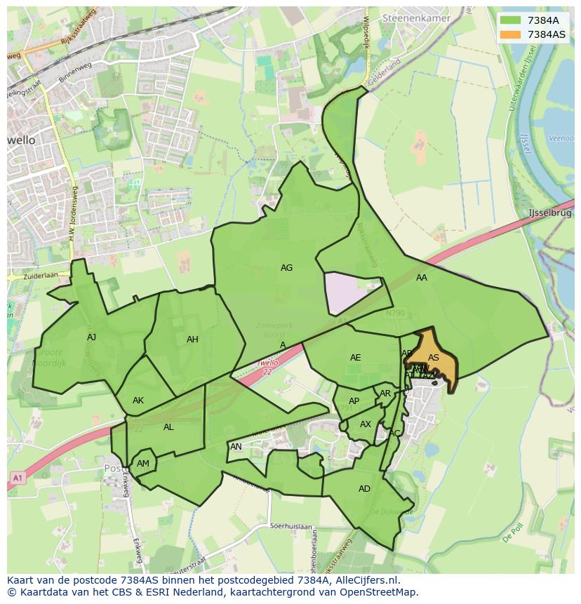 Afbeelding van het postcodegebied 7384 AS op de kaart.