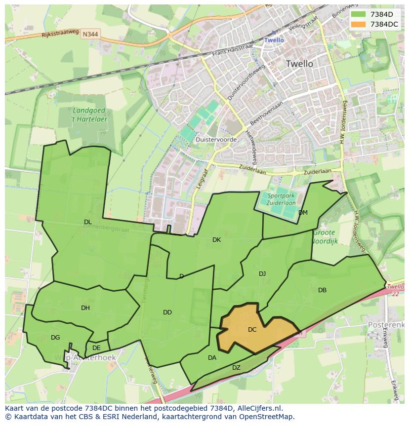 Afbeelding van het postcodegebied 7384 DC op de kaart.