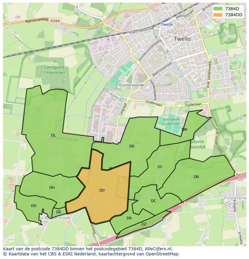 Afbeelding van het postcodegebied 7384 DD op de kaart.