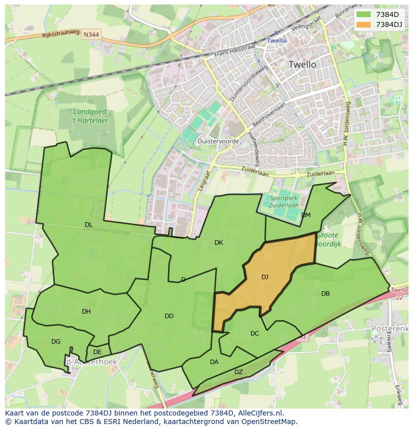 Afbeelding van het postcodegebied 7384 DJ op de kaart.