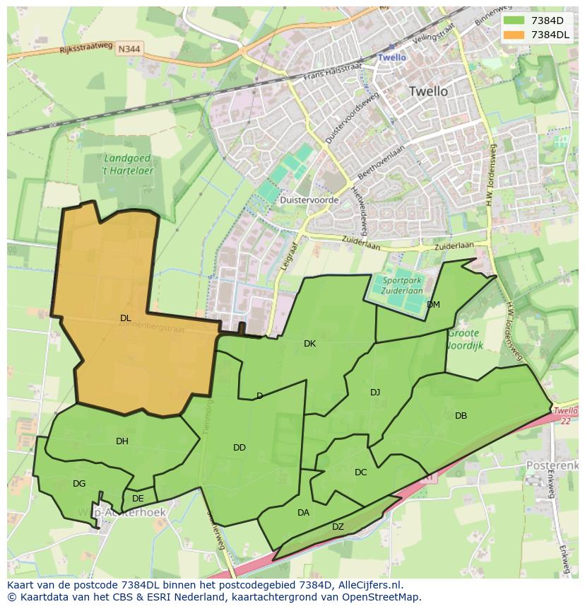 Afbeelding van het postcodegebied 7384 DL op de kaart.