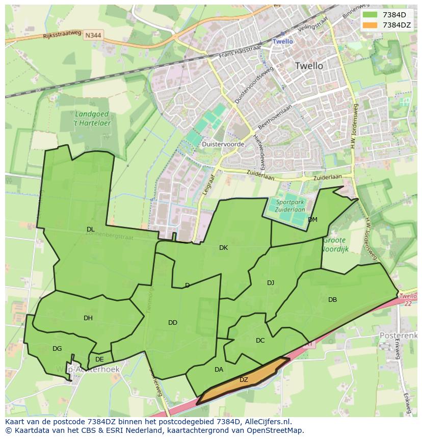 Afbeelding van het postcodegebied 7384 DZ op de kaart.