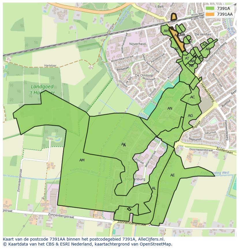 Afbeelding van het postcodegebied 7391 AA op de kaart.
