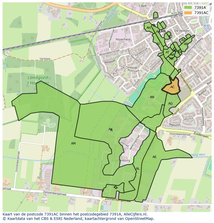 Afbeelding van het postcodegebied 7391 AC op de kaart.