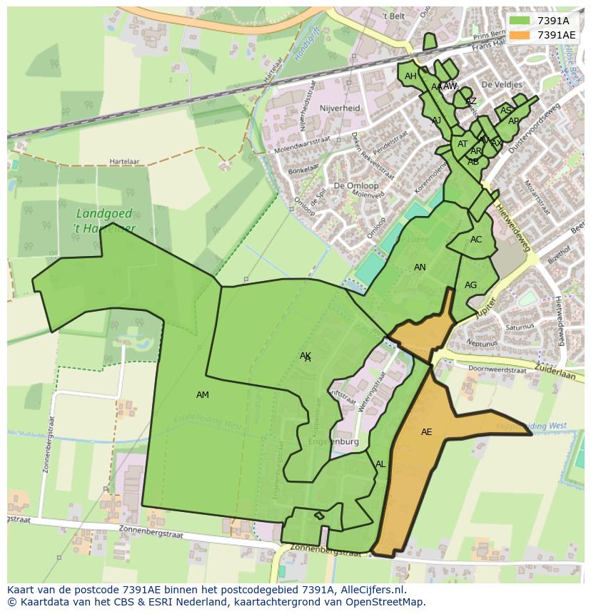 Afbeelding van het postcodegebied 7391 AE op de kaart.