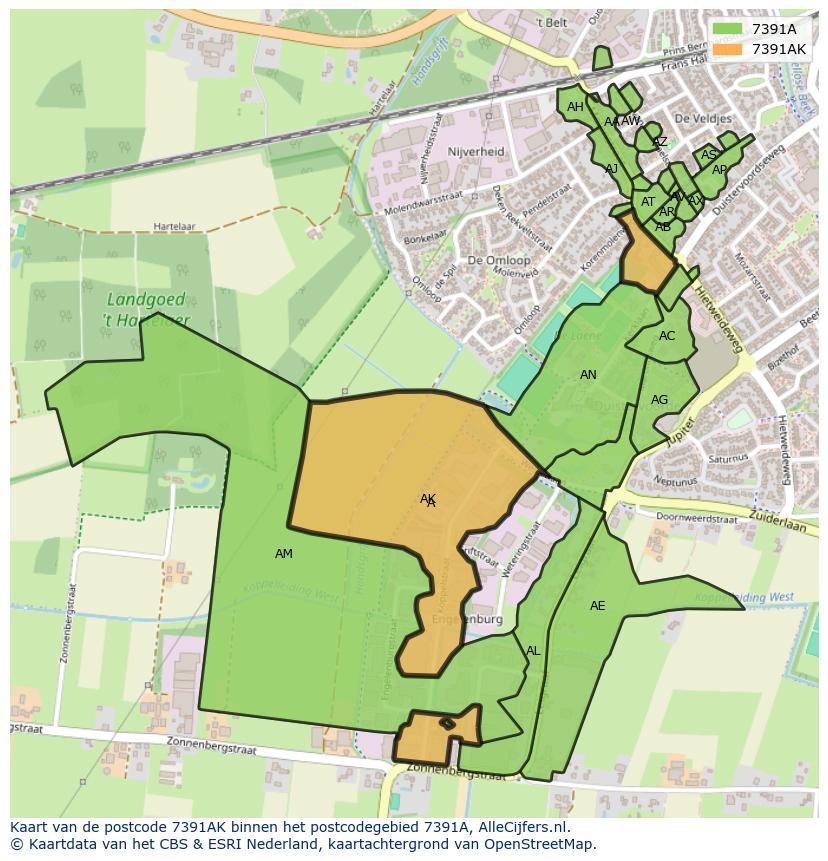 Afbeelding van het postcodegebied 7391 AK op de kaart.