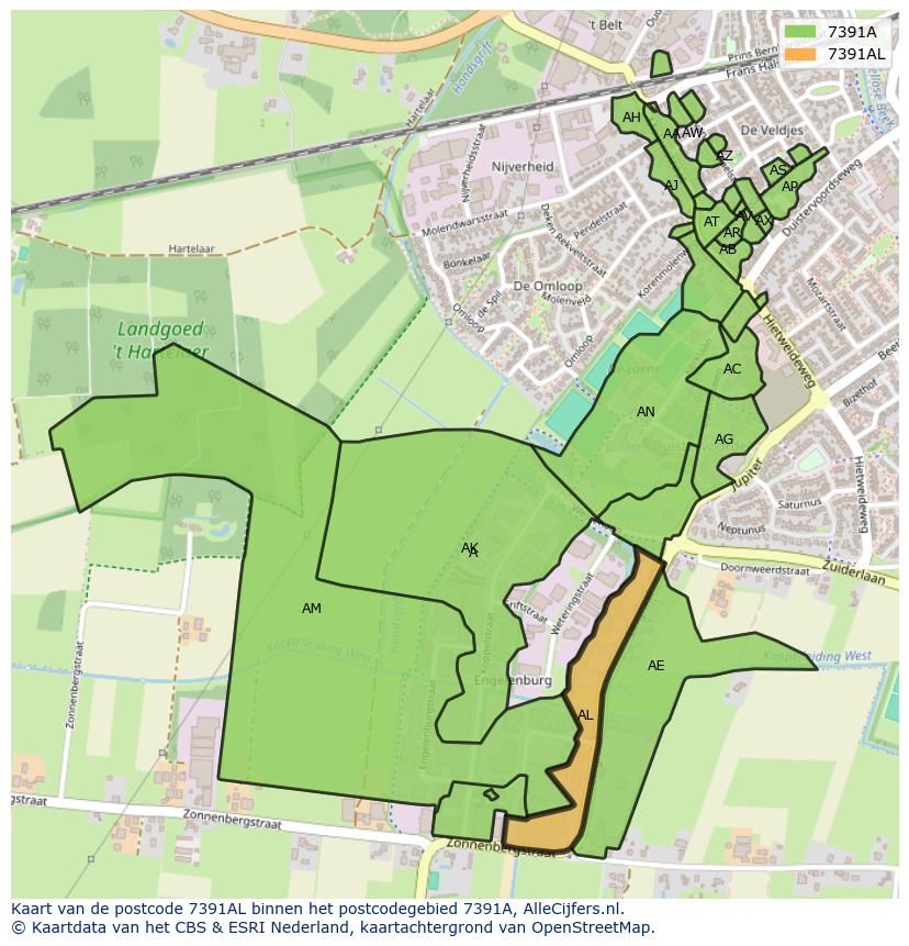 Afbeelding van het postcodegebied 7391 AL op de kaart.