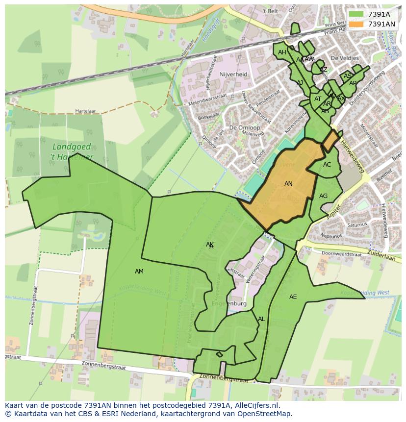 Afbeelding van het postcodegebied 7391 AN op de kaart.