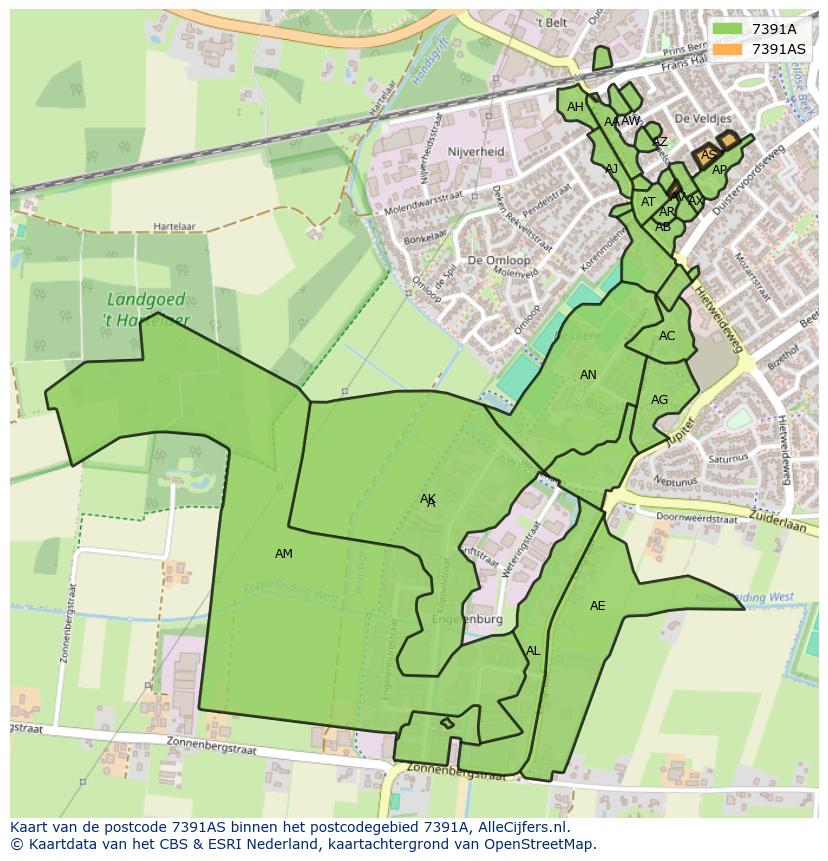 Afbeelding van het postcodegebied 7391 AS op de kaart.