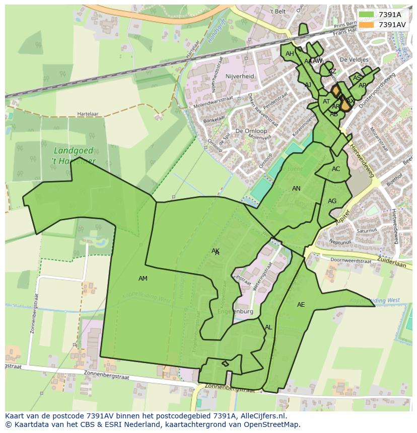 Afbeelding van het postcodegebied 7391 AV op de kaart.