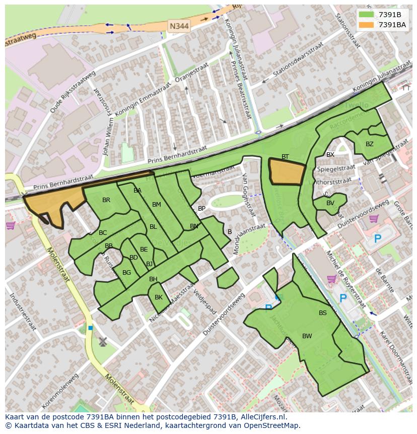 Afbeelding van het postcodegebied 7391 BA op de kaart.