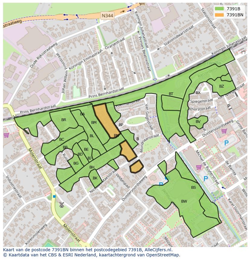Afbeelding van het postcodegebied 7391 BN op de kaart.