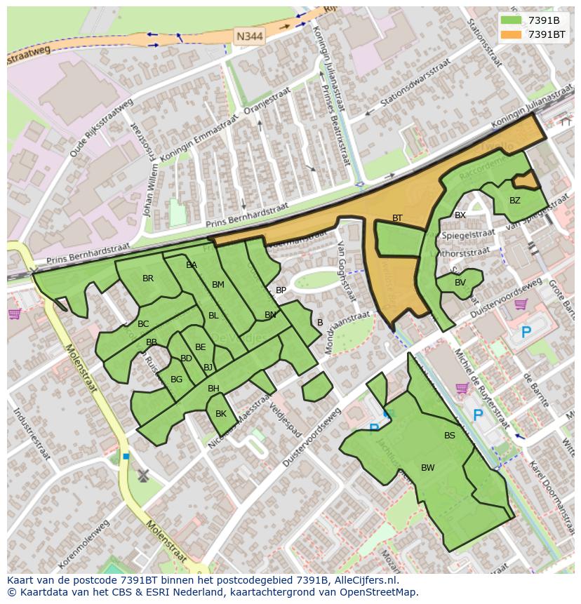 Afbeelding van het postcodegebied 7391 BT op de kaart.