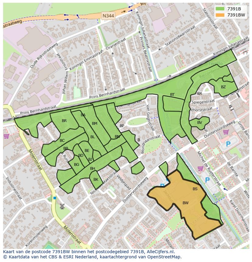 Afbeelding van het postcodegebied 7391 BW op de kaart.