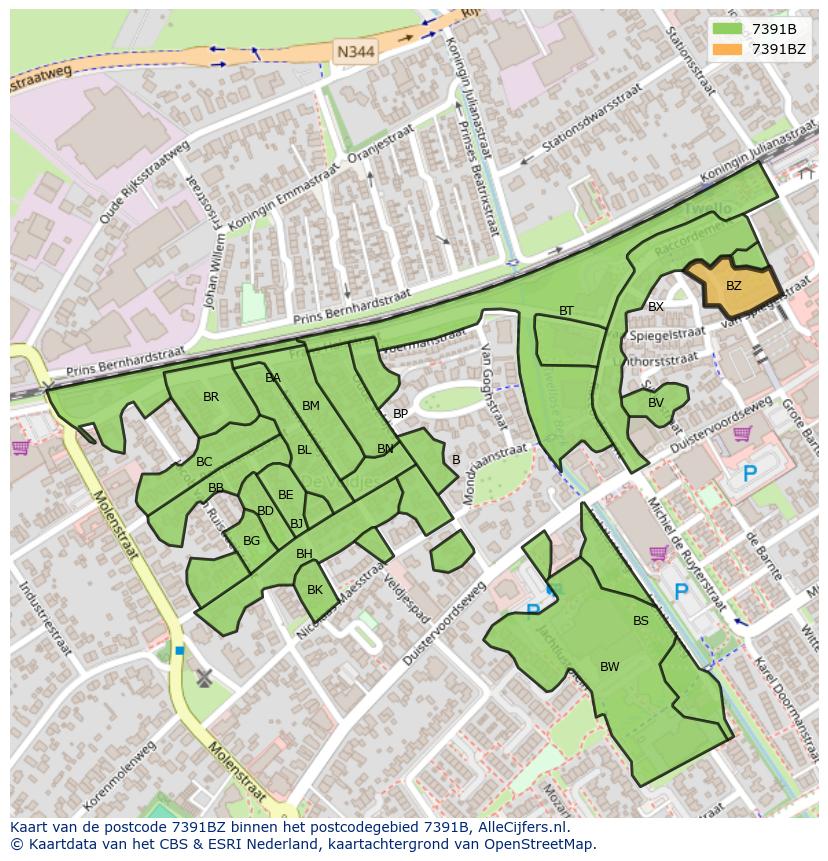 Afbeelding van het postcodegebied 7391 BZ op de kaart.