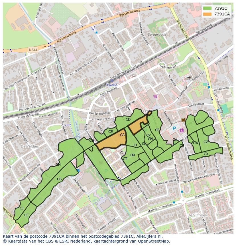 Afbeelding van het postcodegebied 7391 CA op de kaart.