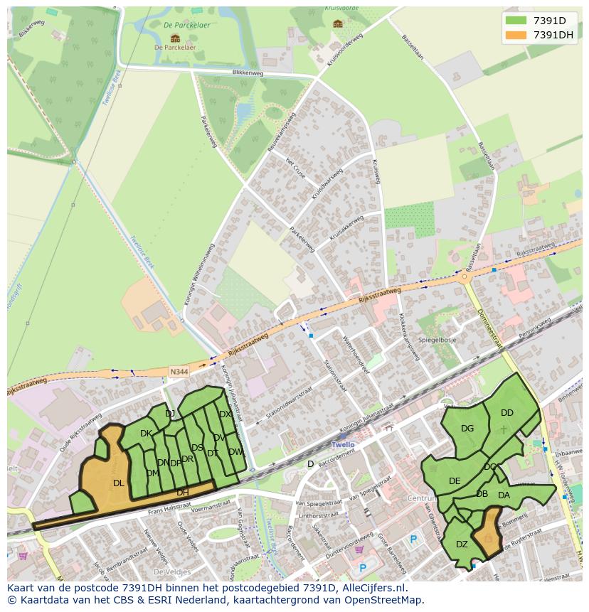 Afbeelding van het postcodegebied 7391 DH op de kaart.
