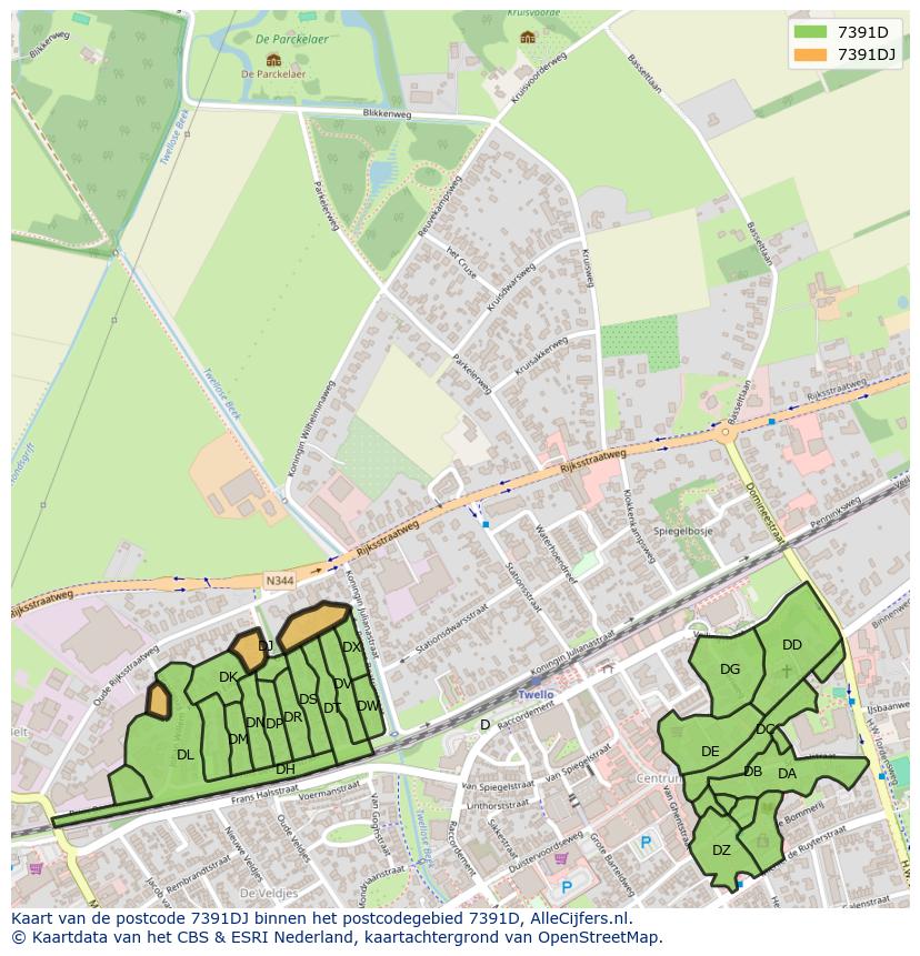 Afbeelding van het postcodegebied 7391 DJ op de kaart.