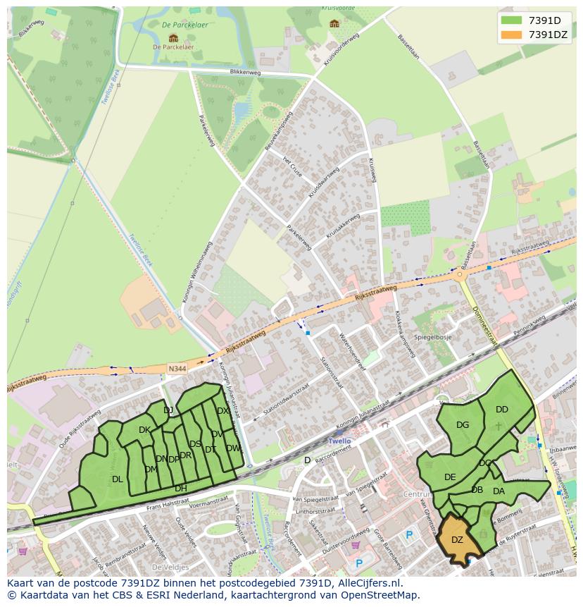 Afbeelding van het postcodegebied 7391 DZ op de kaart.