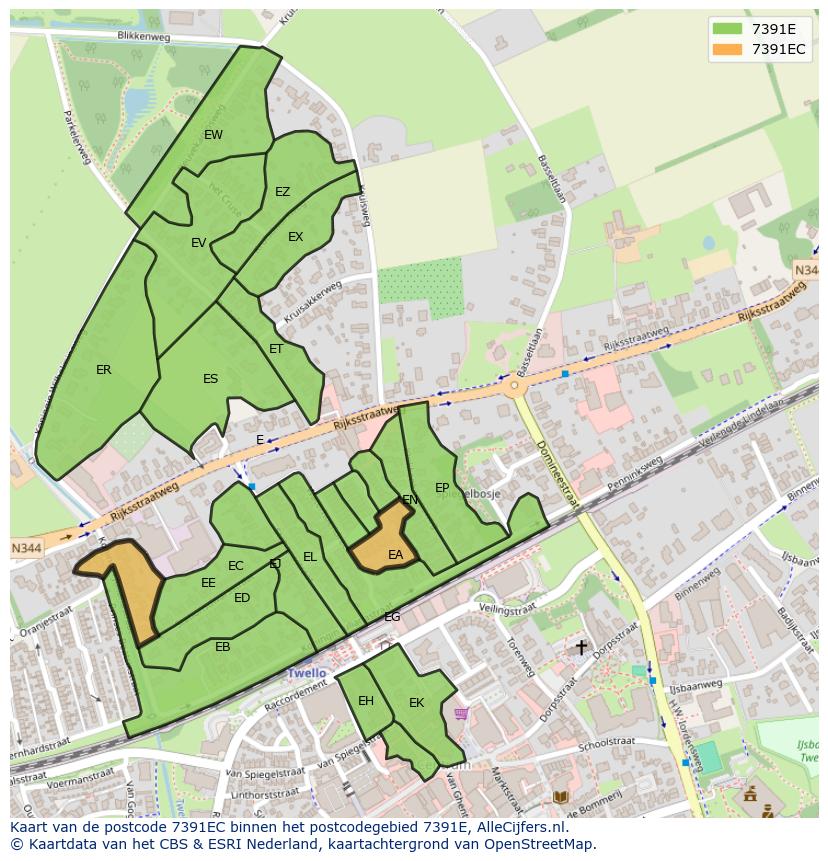 Afbeelding van het postcodegebied 7391 EC op de kaart.