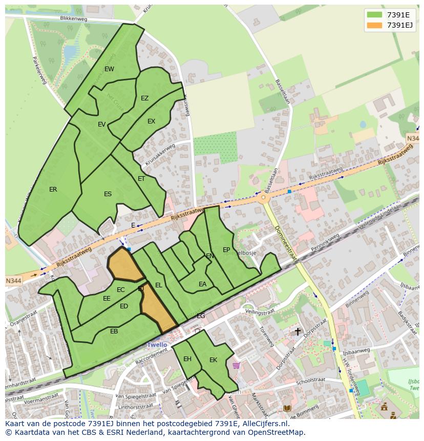 Afbeelding van het postcodegebied 7391 EJ op de kaart.