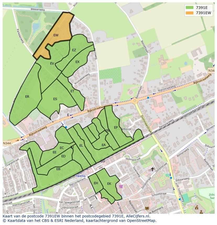 Afbeelding van het postcodegebied 7391 EW op de kaart.