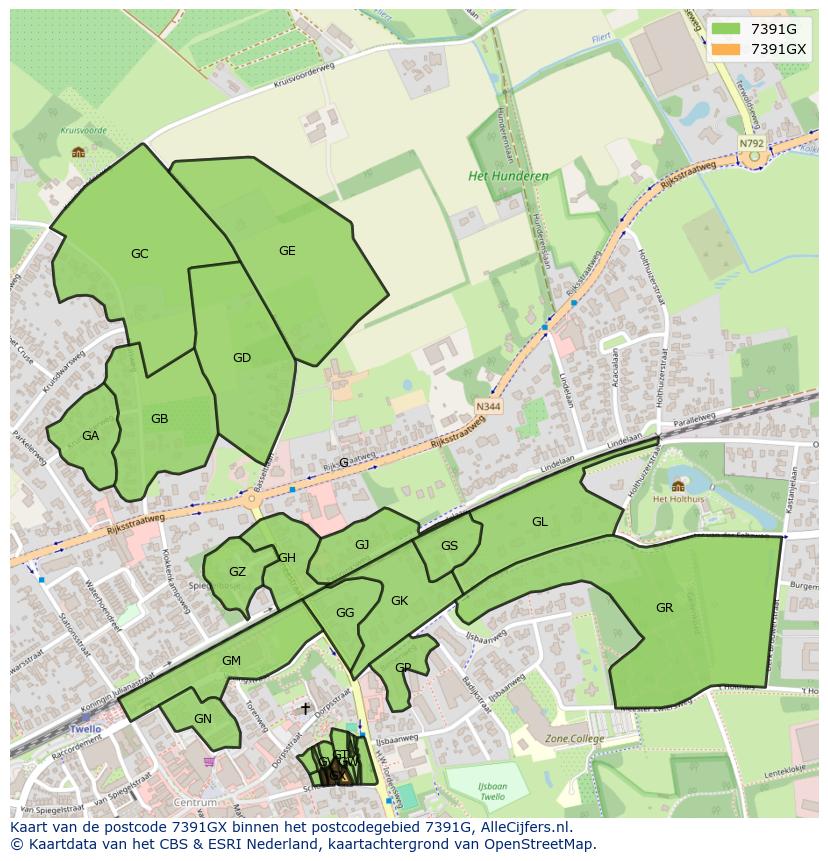 Afbeelding van het postcodegebied 7391 GX op de kaart.