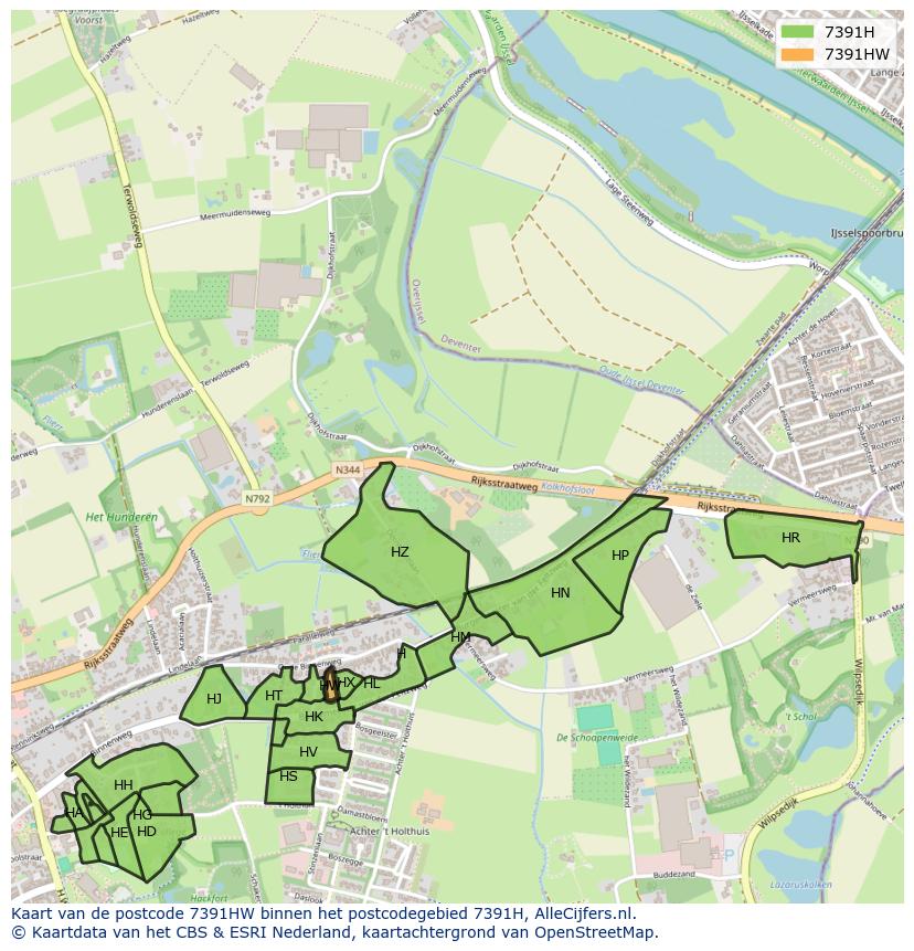 Afbeelding van het postcodegebied 7391 HW op de kaart.