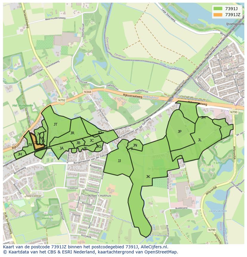 Afbeelding van het postcodegebied 7391 JZ op de kaart.