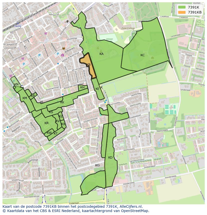 Afbeelding van het postcodegebied 7391 KB op de kaart.