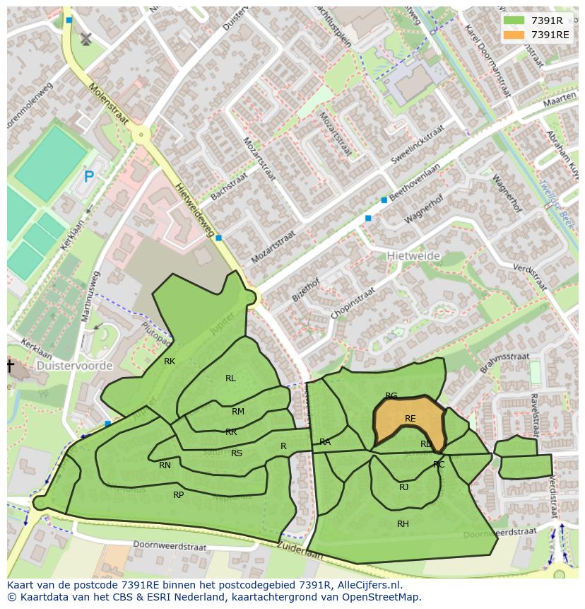 Afbeelding van het postcodegebied 7391 RE op de kaart.
