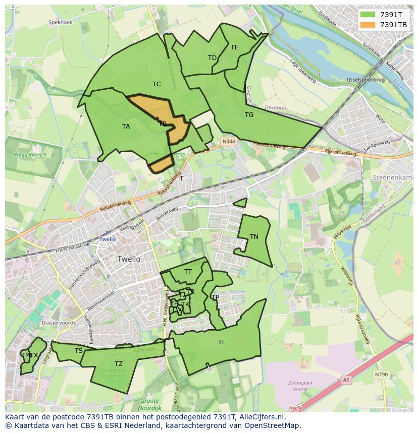 Afbeelding van het postcodegebied 7391 TB op de kaart.