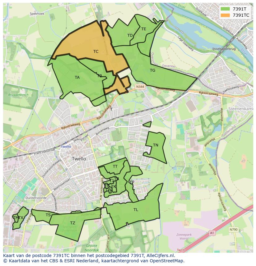 Afbeelding van het postcodegebied 7391 TC op de kaart.