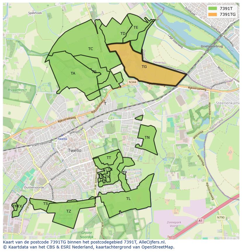 Afbeelding van het postcodegebied 7391 TG op de kaart.