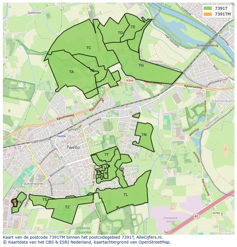 Afbeelding van het postcodegebied 7391 TM op de kaart.