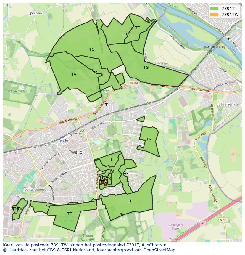 Afbeelding van het postcodegebied 7391 TW op de kaart.