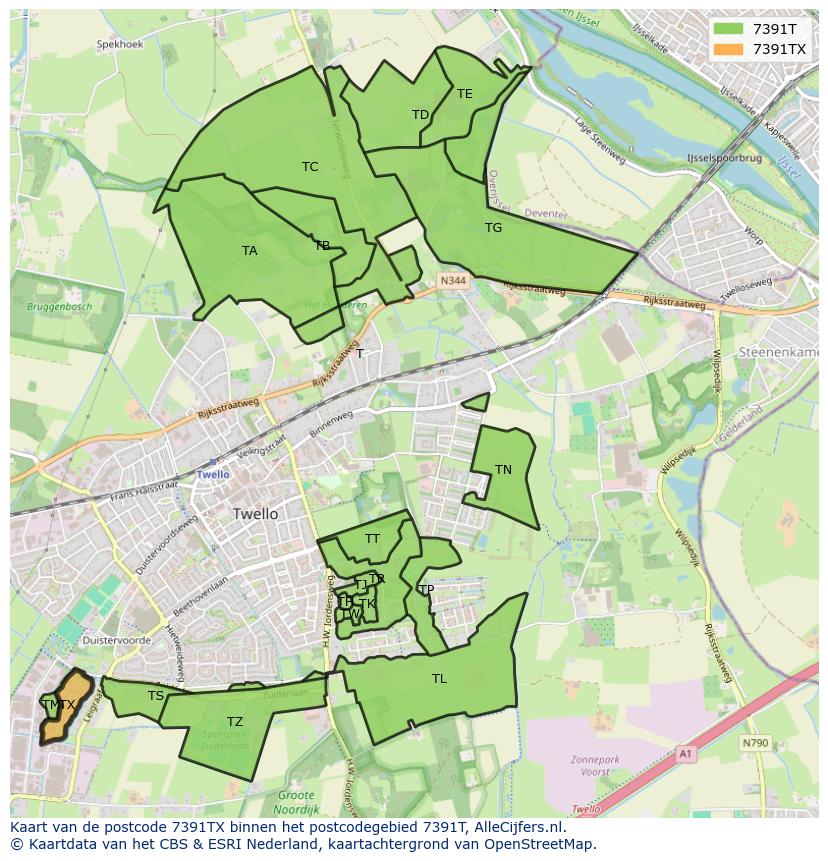Afbeelding van het postcodegebied 7391 TX op de kaart.