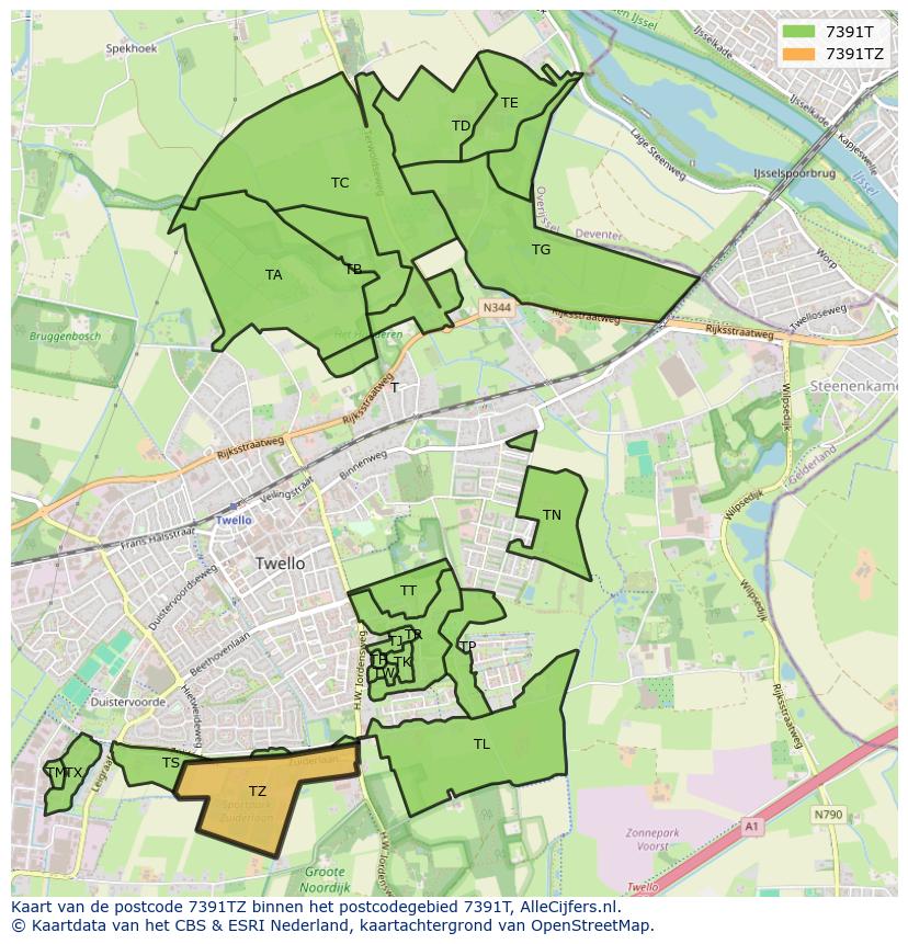 Afbeelding van het postcodegebied 7391 TZ op de kaart.