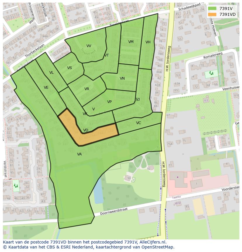 Afbeelding van het postcodegebied 7391 VD op de kaart.