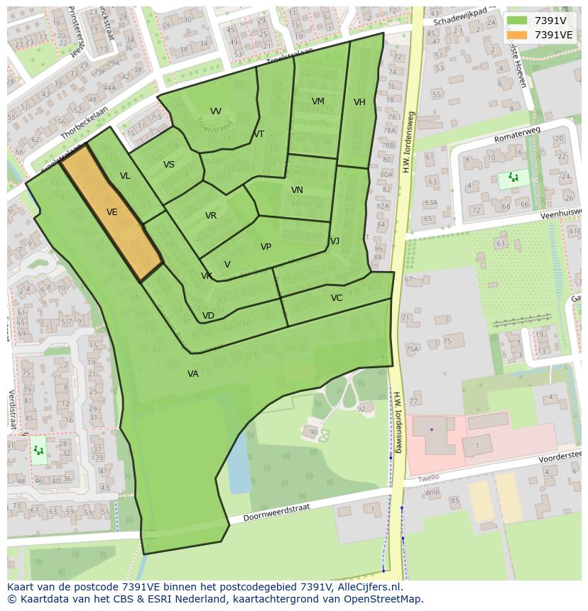 Afbeelding van het postcodegebied 7391 VE op de kaart.
