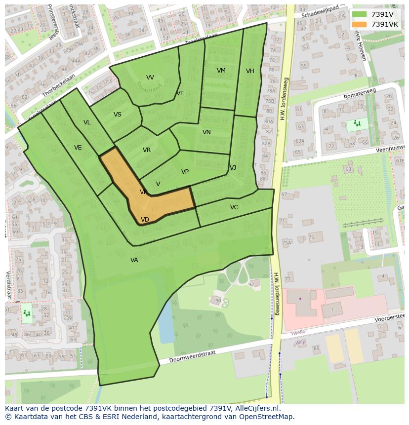 Afbeelding van het postcodegebied 7391 VK op de kaart.