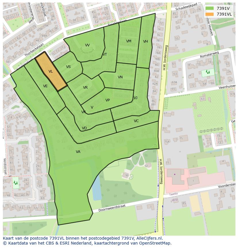 Afbeelding van het postcodegebied 7391 VL op de kaart.