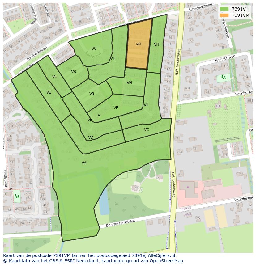 Afbeelding van het postcodegebied 7391 VM op de kaart.