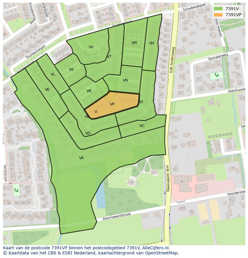 Afbeelding van het postcodegebied 7391 VP op de kaart.